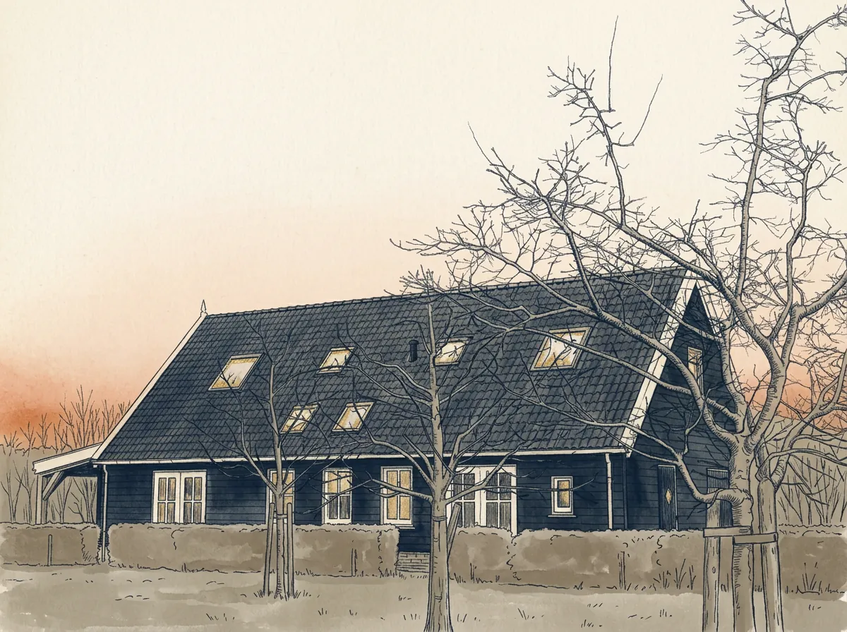 Tekening van de Gaia Hoeve in het avondlicht
